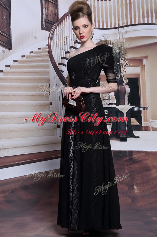 Nice One Shoulder Floor Length Side Zipper Homecoming Dress Black for Prom and Party with Lace and Sequins