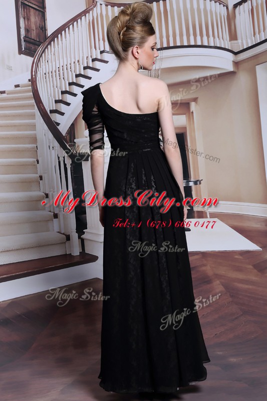 Nice One Shoulder Floor Length Side Zipper Homecoming Dress Black for Prom and Party with Lace and Sequins