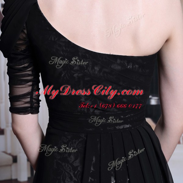 Nice One Shoulder Floor Length Side Zipper Homecoming Dress Black for Prom and Party with Lace and Sequins