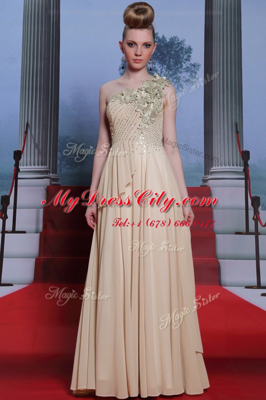 One Shoulder Appliques and Ruching Homecoming Dress Champagne Side Zipper Sleeveless Floor Length