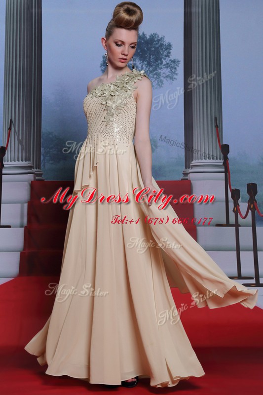 One Shoulder Appliques and Ruching Homecoming Dress Champagne Side Zipper Sleeveless Floor Length