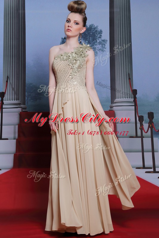 One Shoulder Appliques and Ruching Homecoming Dress Champagne Side Zipper Sleeveless Floor Length