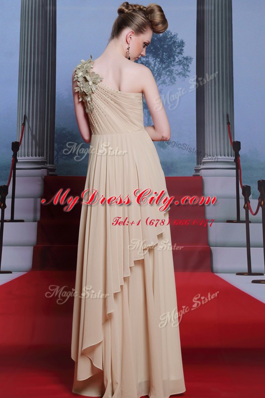 One Shoulder Appliques and Ruching Homecoming Dress Champagne Side Zipper Sleeveless Floor Length