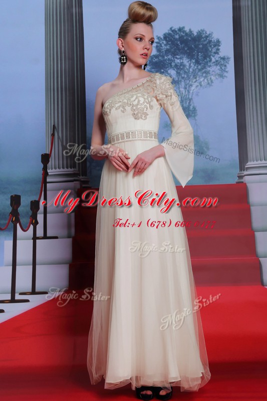 Exquisite Champagne One Shoulder Side Zipper Beading and Appliques Prom Gown 3 4 Length Sleeve