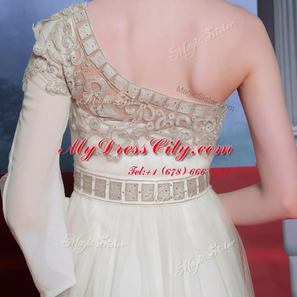 Exquisite Champagne One Shoulder Side Zipper Beading and Appliques Prom Gown 3 4 Length Sleeve