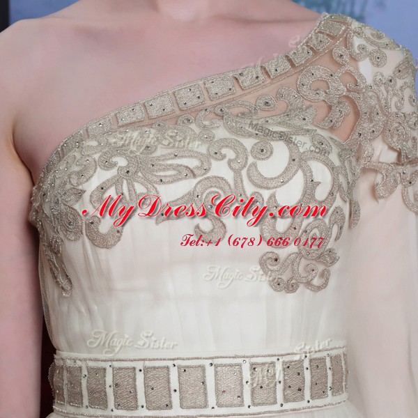 Exquisite Champagne One Shoulder Side Zipper Beading and Appliques Prom Gown 3 4 Length Sleeve