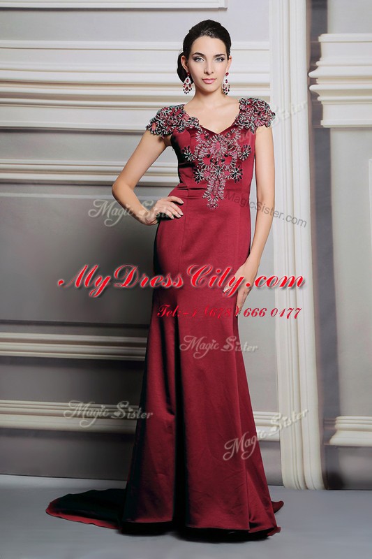 Burgundy Satin Side Zipper Prom Evening Gown Short Sleeves Court Train Appliques