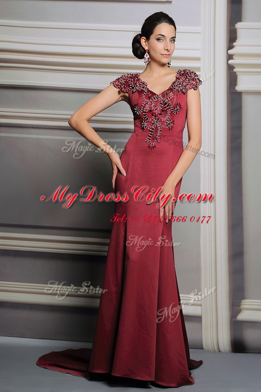 Burgundy Satin Side Zipper Prom Evening Gown Short Sleeves Court Train Appliques