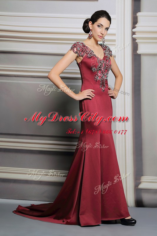 Burgundy Satin Side Zipper Prom Evening Gown Short Sleeves Court Train Appliques