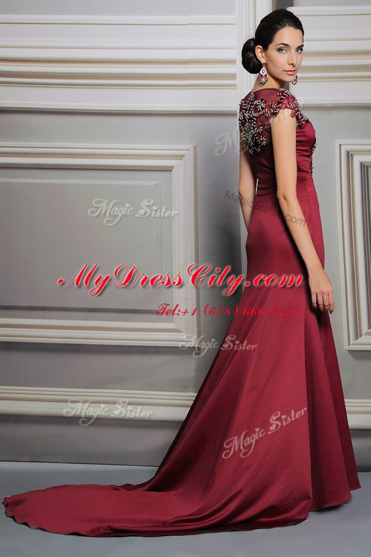 Burgundy Satin Side Zipper Prom Evening Gown Short Sleeves Court Train Appliques