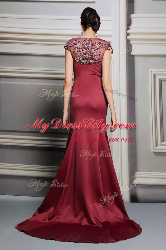 Burgundy Satin Side Zipper Prom Evening Gown Short Sleeves Court Train Appliques