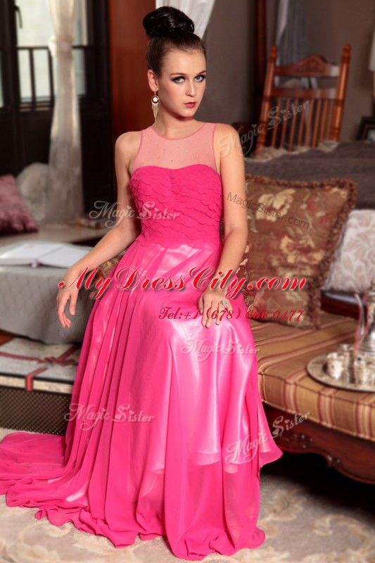 Hot Pink Scoop Zipper Ruching Prom Evening Gown Sleeveless