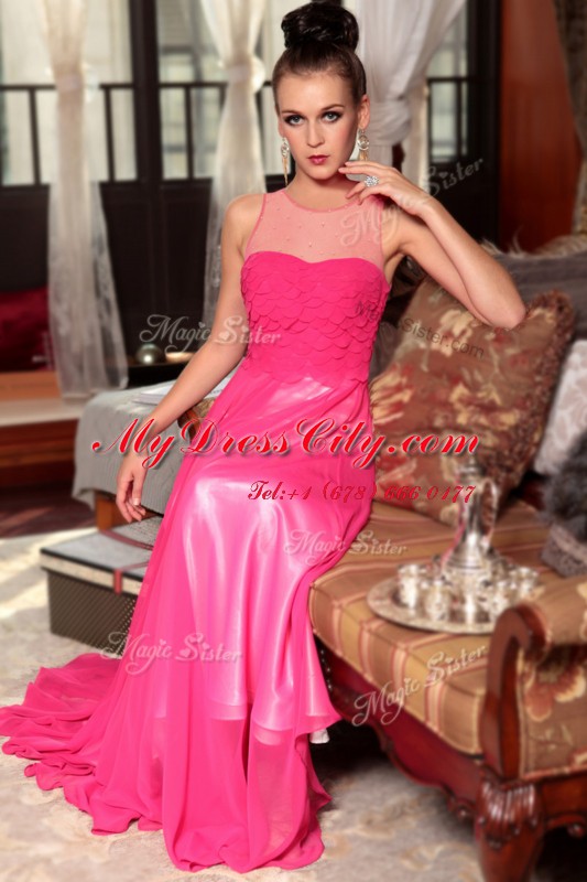 Hot Pink Scoop Zipper Ruching Prom Evening Gown Sleeveless