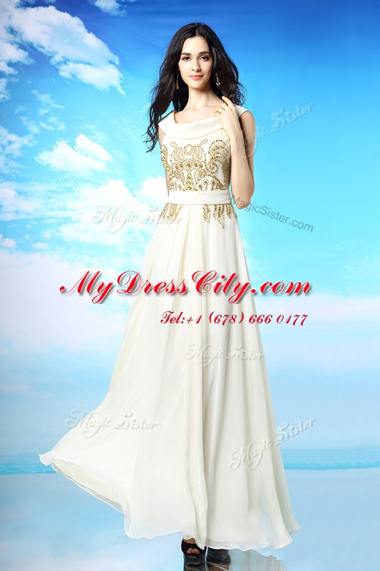 Clearance White Column/Sheath Scoop Sleeveless Chiffon Ankle Length Side Zipper Beading and Ruching Homecoming Dress