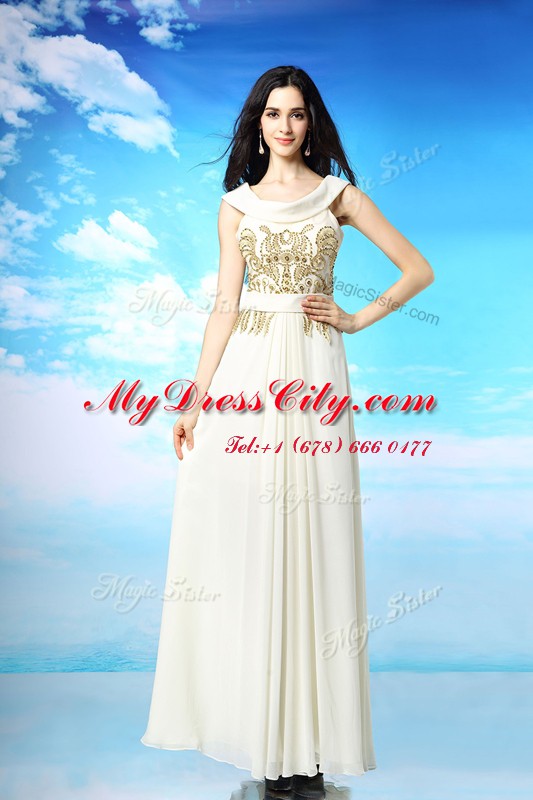 Clearance White Column/Sheath Scoop Sleeveless Chiffon Ankle Length Side Zipper Beading and Ruching Homecoming Dress