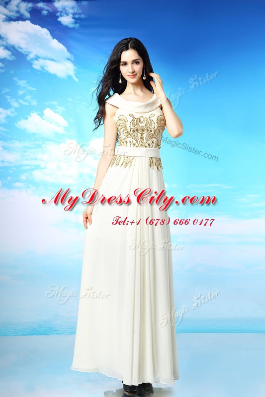 Clearance White Column/Sheath Scoop Sleeveless Chiffon Ankle Length Side Zipper Beading and Ruching Homecoming Dress