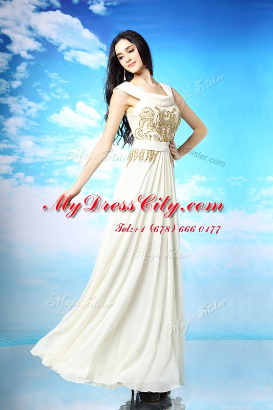 Clearance White Column/Sheath Scoop Sleeveless Chiffon Ankle Length Side Zipper Beading and Ruching Homecoming Dress