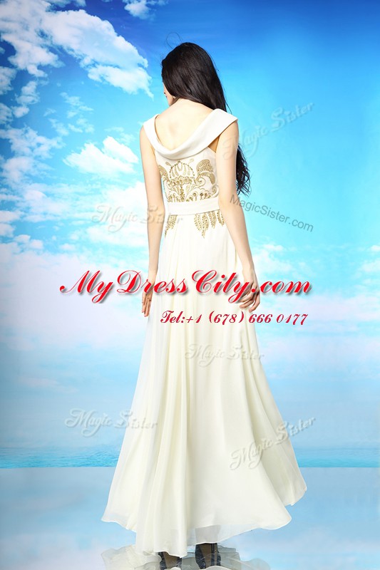 Clearance White Column/Sheath Scoop Sleeveless Chiffon Ankle Length Side Zipper Beading and Ruching Homecoming Dress