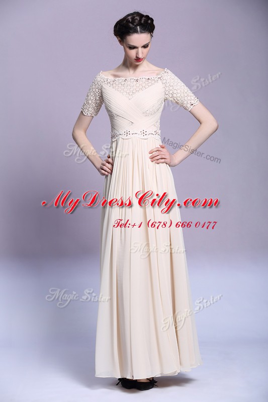 Beading and Appliques and Ruching Dress for Prom Champagne Zipper Sleeveless Floor Length