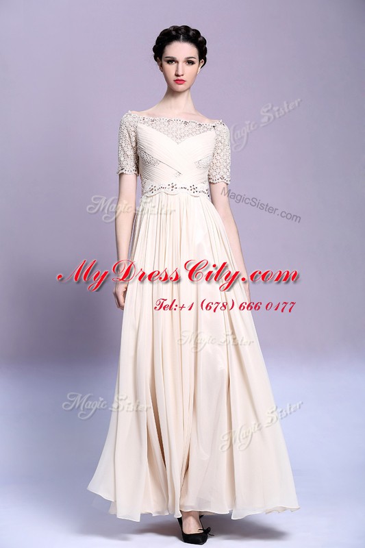 Beading and Appliques and Ruching Dress for Prom Champagne Zipper Sleeveless Floor Length