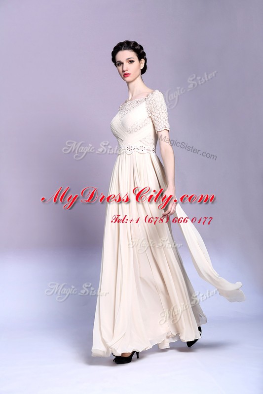 Beading and Appliques and Ruching Dress for Prom Champagne Zipper Sleeveless Floor Length