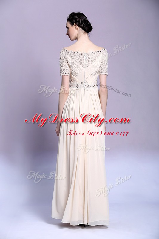 Beading and Appliques and Ruching Dress for Prom Champagne Zipper Sleeveless Floor Length