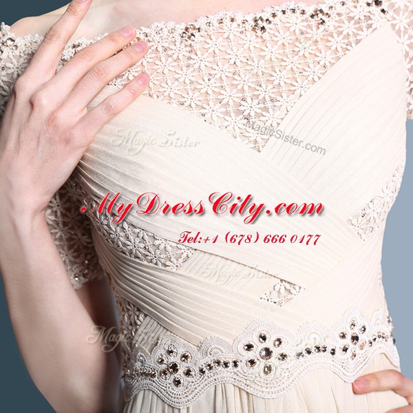 Beading and Appliques and Ruching Dress for Prom Champagne Zipper Sleeveless Floor Length