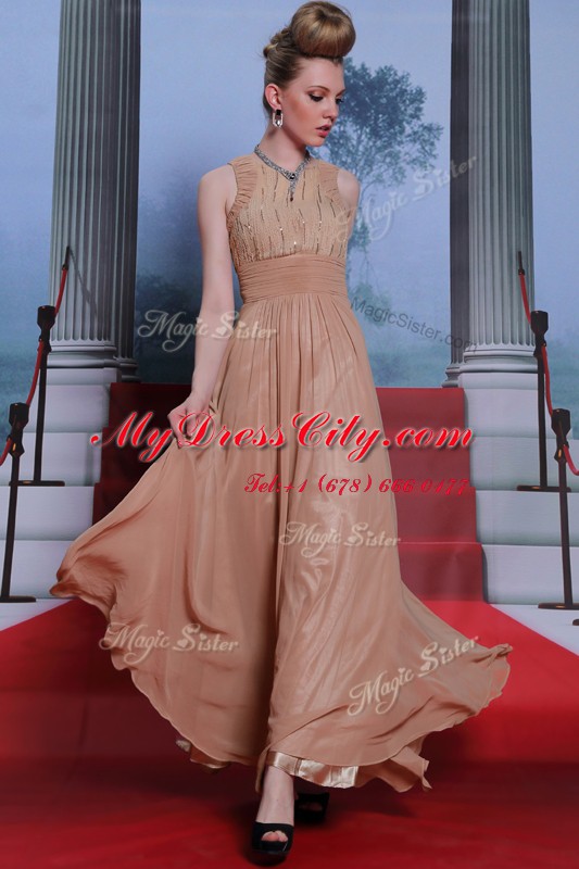 Peach Scoop Clasp Handle Beading and Sequins and Ruching Dress for Prom Sleeveless