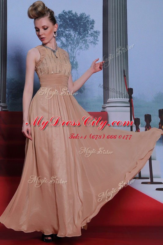 Peach Scoop Clasp Handle Beading and Sequins and Ruching Dress for Prom Sleeveless