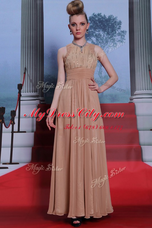 Peach Scoop Clasp Handle Beading and Sequins and Ruching Dress for Prom Sleeveless