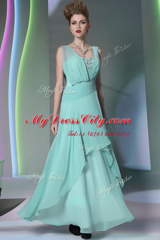 Amazing Turquoise Side Zipper Prom Dresses Sequins and Ruching Sleeveless Floor Length