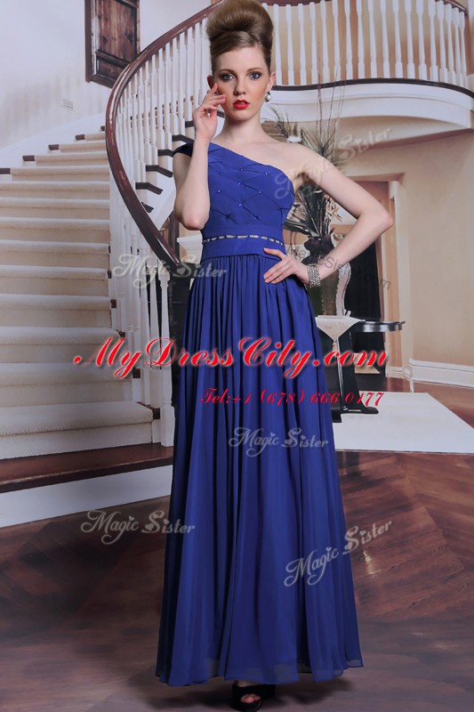 Sumptuous Royal Blue Prom and Party and For with Beading and Pleated One Shoulder Sleeveless Side Zipper