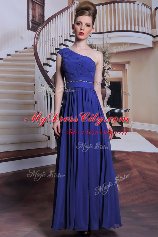 Sumptuous Royal Blue Prom and Party and For with Beading and Pleated One Shoulder Sleeveless Side Zipper