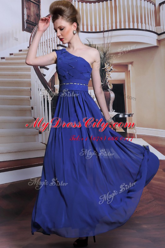 Sumptuous Royal Blue Prom and Party and For with Beading and Pleated One Shoulder Sleeveless Side Zipper