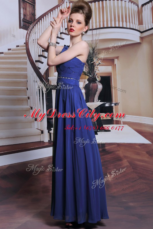 Sumptuous Royal Blue Prom and Party and For with Beading and Pleated One Shoulder Sleeveless Side Zipper