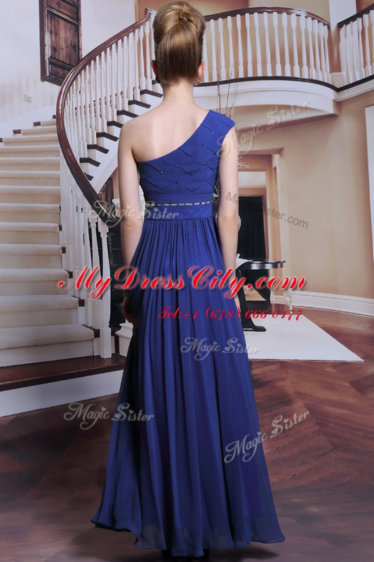 Sumptuous Royal Blue Prom and Party and For with Beading and Pleated One Shoulder Sleeveless Side Zipper