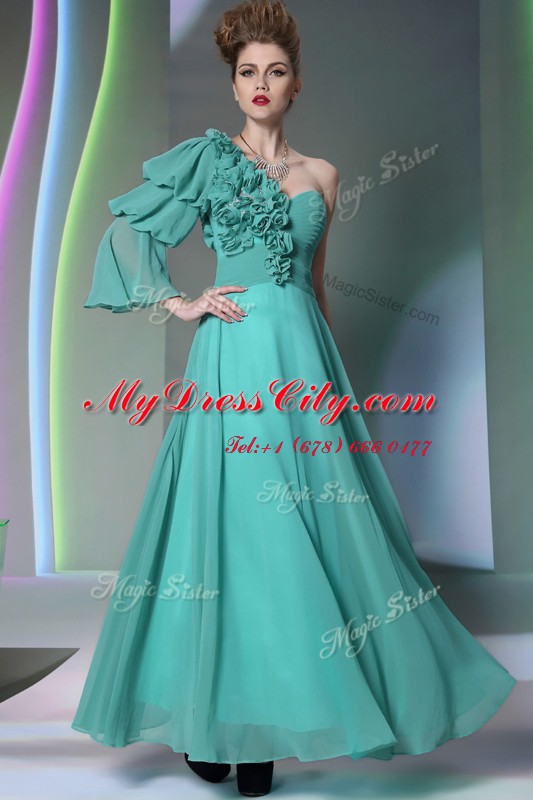 Chic One Shoulder Turquoise Chiffon Zipper Homecoming Dress Long Sleeves Floor Length Ruffles and Ruching