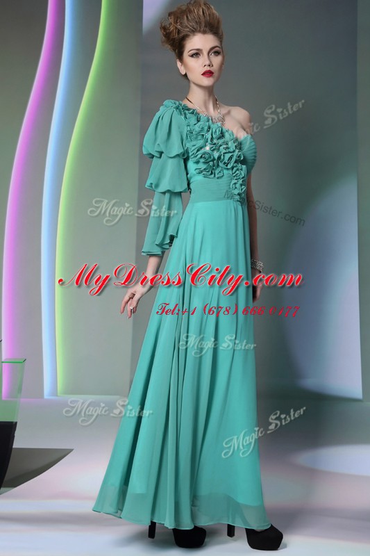 Chic One Shoulder Turquoise Chiffon Zipper Homecoming Dress Long Sleeves Floor Length Ruffles and Ruching