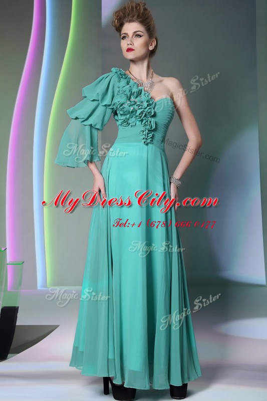 Chic One Shoulder Turquoise Chiffon Zipper Homecoming Dress Long Sleeves Floor Length Ruffles and Ruching