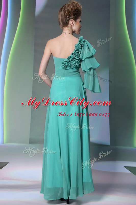 Chic One Shoulder Turquoise Chiffon Zipper Homecoming Dress Long Sleeves Floor Length Ruffles and Ruching