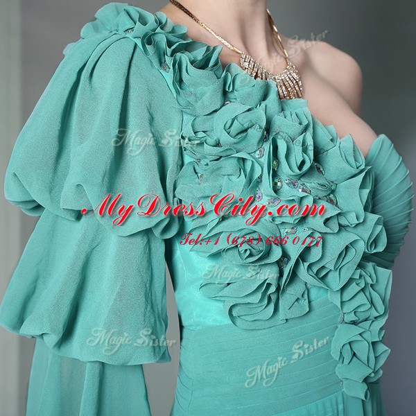 Chic One Shoulder Turquoise Chiffon Zipper Homecoming Dress Long Sleeves Floor Length Ruffles and Ruching