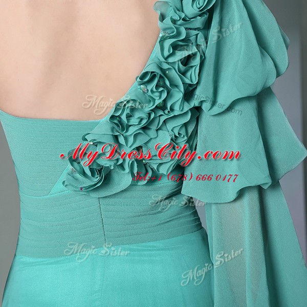 Chic One Shoulder Turquoise Chiffon Zipper Homecoming Dress Long Sleeves Floor Length Ruffles and Ruching