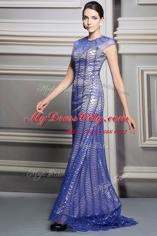 Sexy Sequins Empire Blue Scoop Satin Sleeveless Floor Length Backless