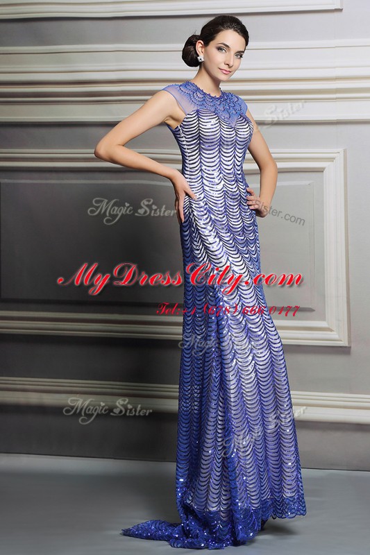 Sexy Sequins Empire Blue Scoop Satin Sleeveless Floor Length Backless