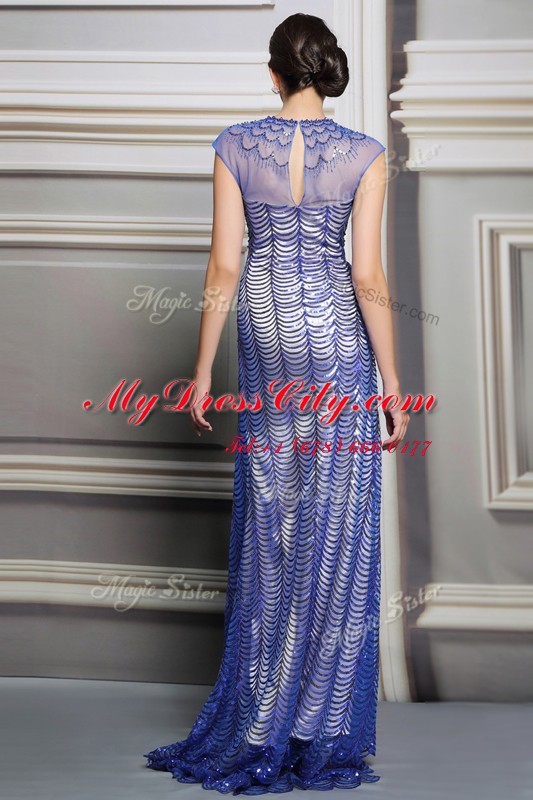 Sexy Sequins Empire Blue Scoop Satin Sleeveless Floor Length Backless