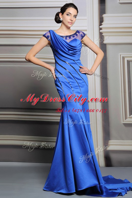 New Arrival Scoop Blue Sleeveless Satin Court Train Zipper Evening Dress for Prom and Party