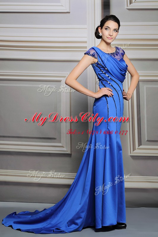 New Arrival Scoop Blue Sleeveless Satin Court Train Zipper Evening Dress for Prom and Party