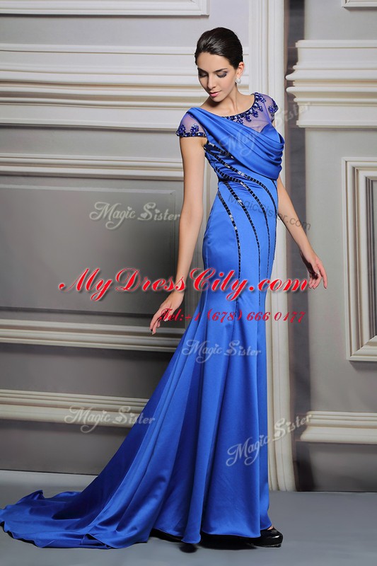 New Arrival Scoop Blue Sleeveless Satin Court Train Zipper Evening Dress for Prom and Party