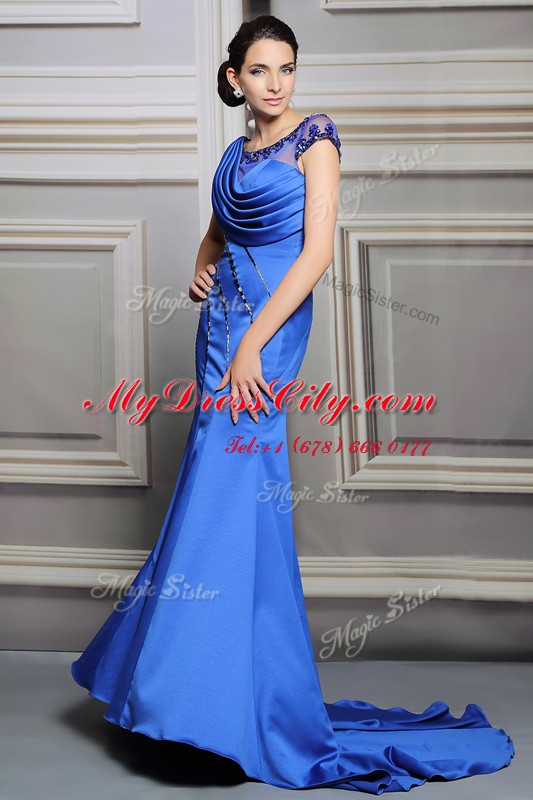 New Arrival Scoop Blue Sleeveless Satin Court Train Zipper Evening Dress for Prom and Party