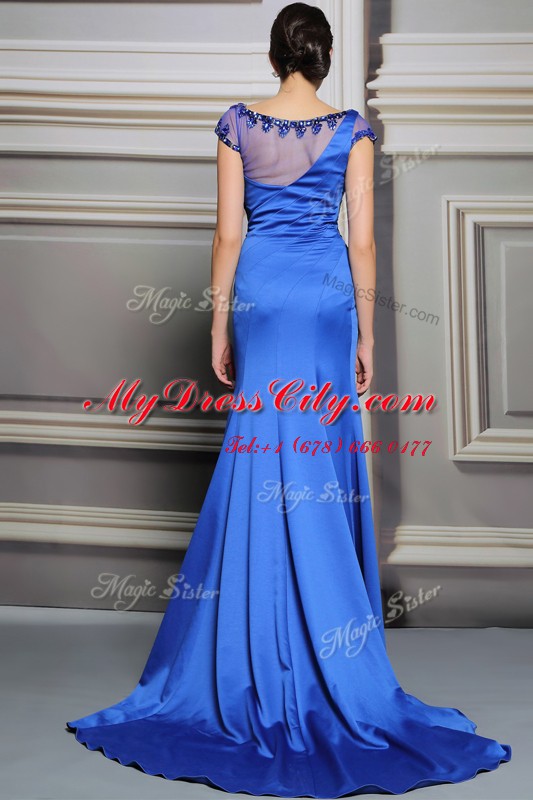 New Arrival Scoop Blue Sleeveless Satin Court Train Zipper Evening Dress for Prom and Party